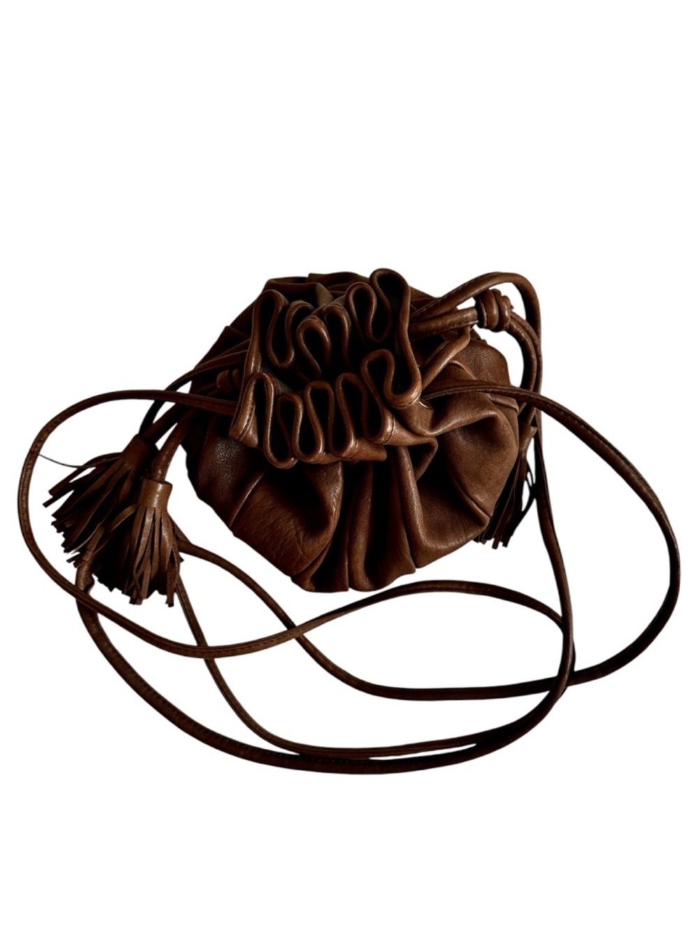 Rare Malababa Brown Drawstring Tassel Leather Bucket Bag - Women